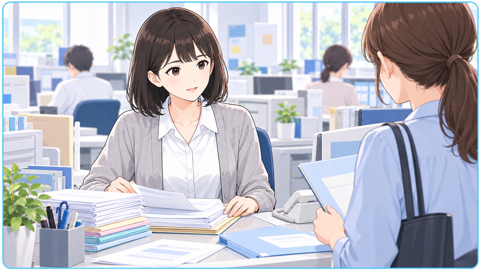 窓口・電話・書類作業などを担当する学校事務職員のイラスト
