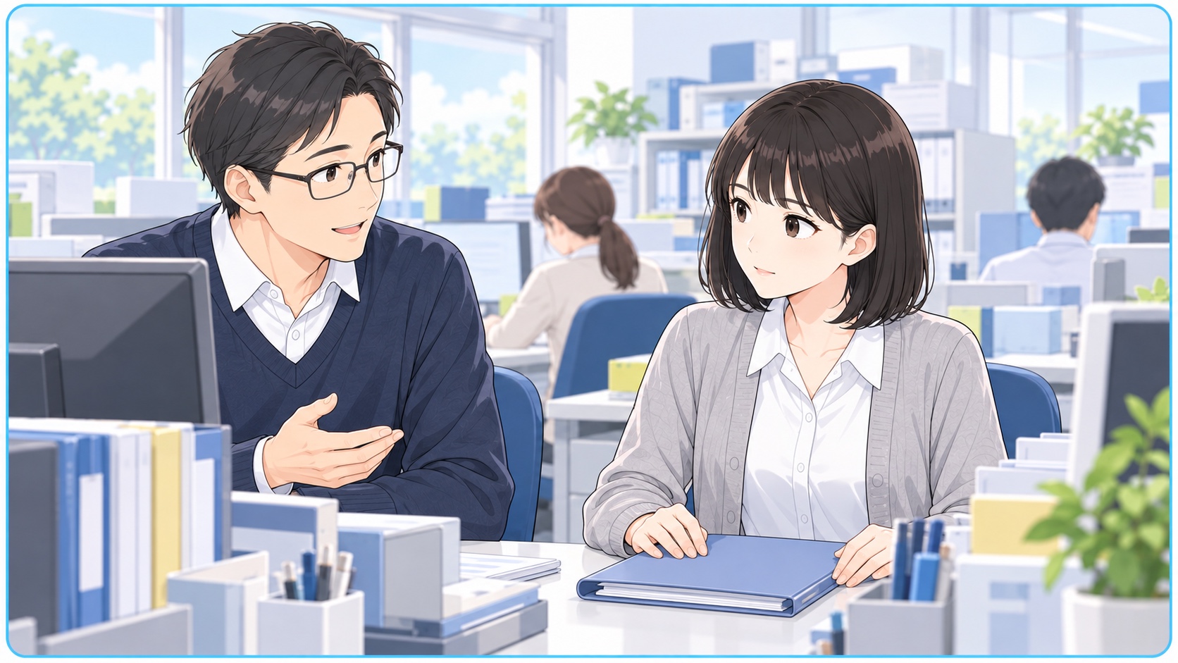 机の近い事務室で、同僚との距離感と書類の情報管理に気を配る職員のイラスト