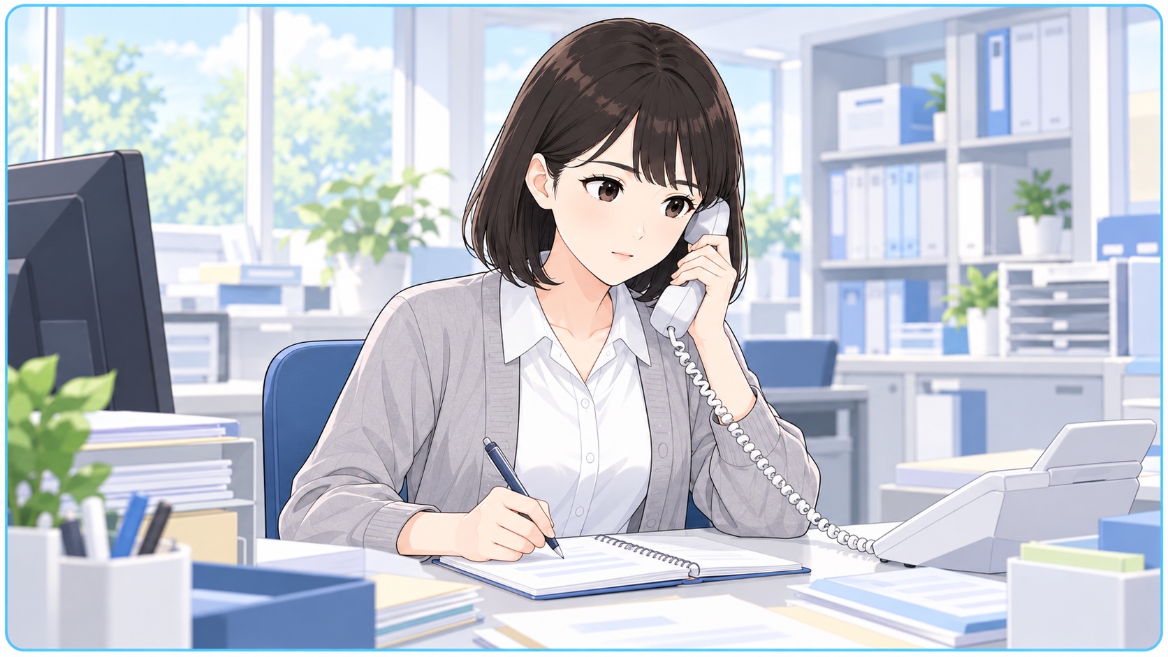苦情の電話を受け、メモを取りながら慎重に話を聴く学校事務職員のイラスト