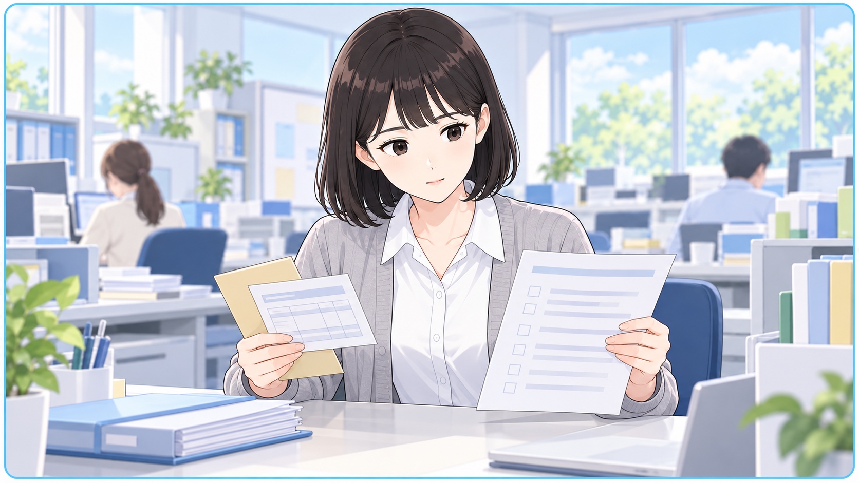 仕事の一覧と給与明細を見比べる事務職員のイラスト