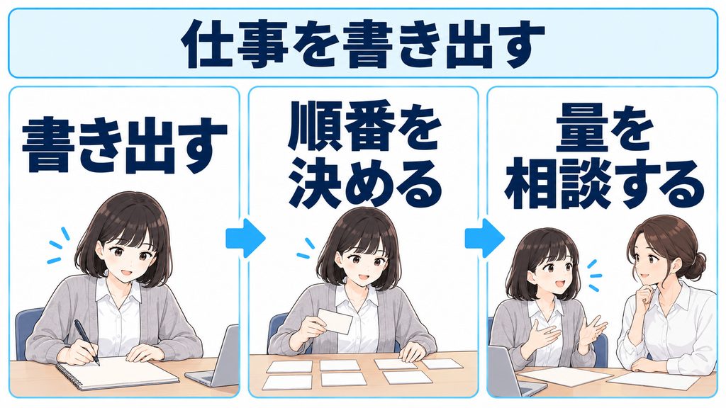 仕事を書き出し、順番を決め、抱えている量を相談するための図解