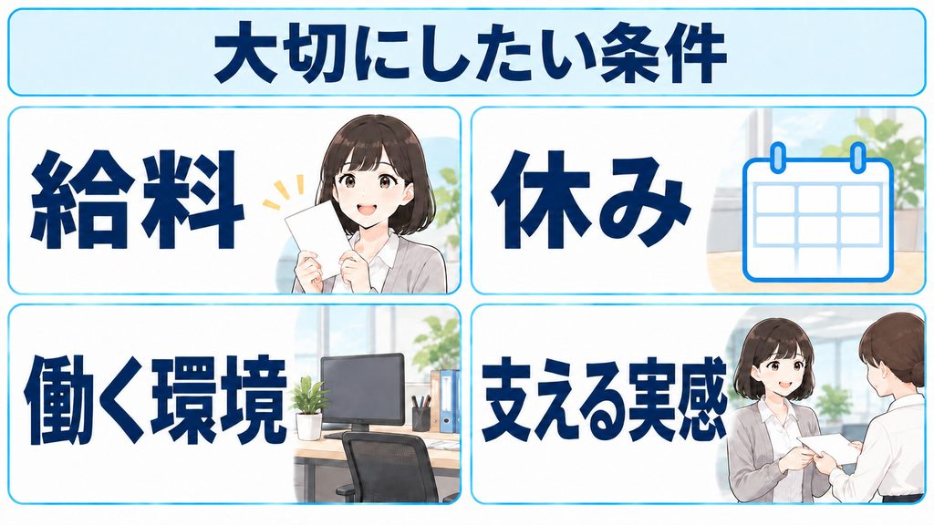仕事を続けるか考える材料として、給料・休み・働く環境・支える実感を並べた図解