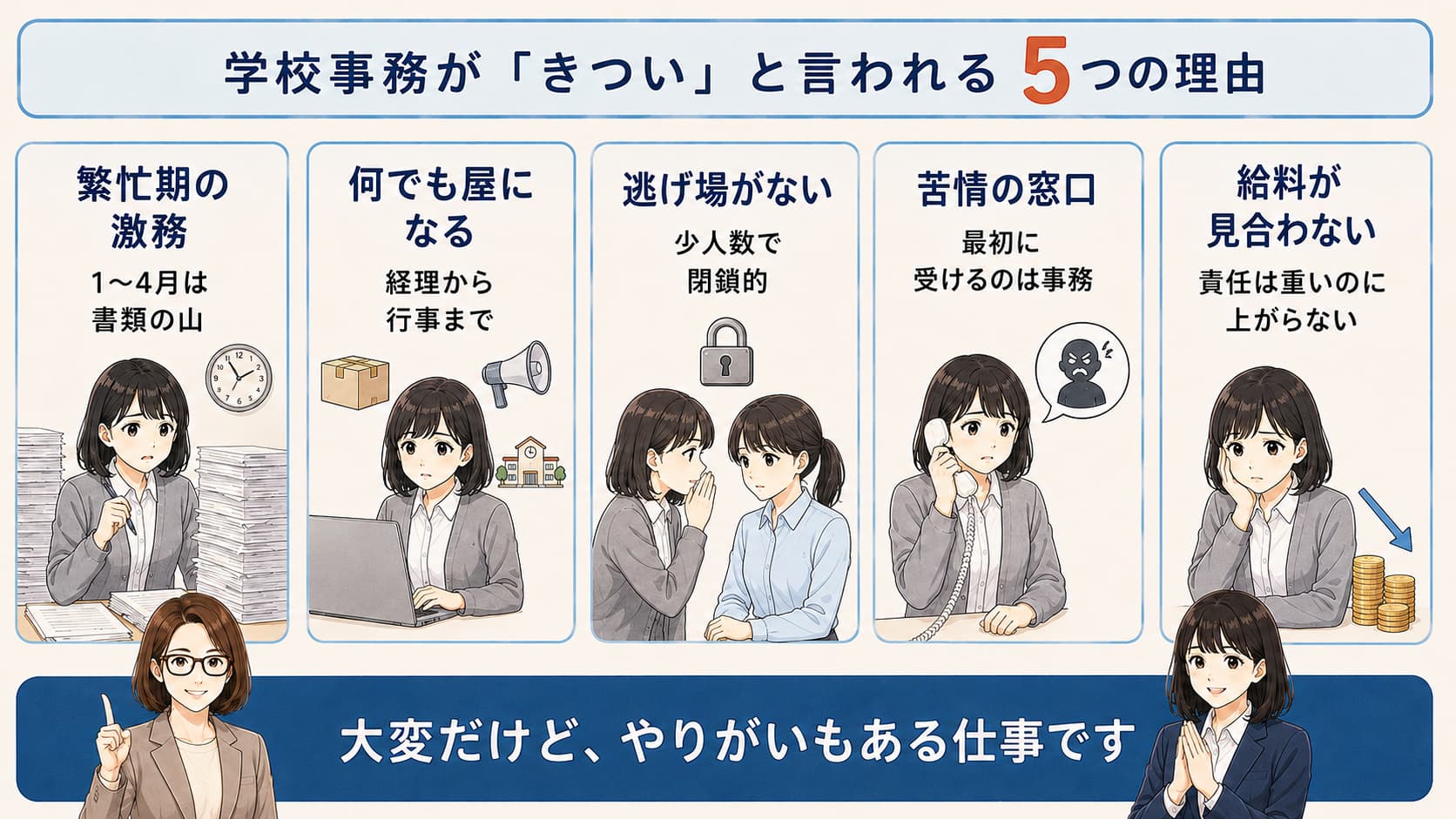 学校事務が「きつい」と言われる5つの理由を表す図解