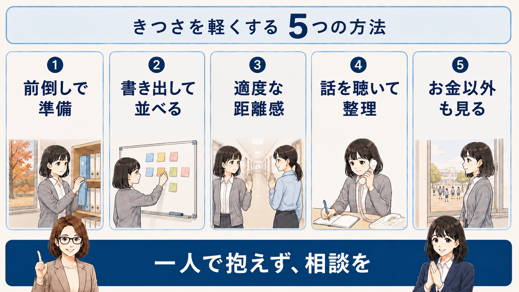 学校事務のきつさを軽くする、準備・優先順位・距離感・苦情対応・お金以外の価値の5つの工夫を示した図解