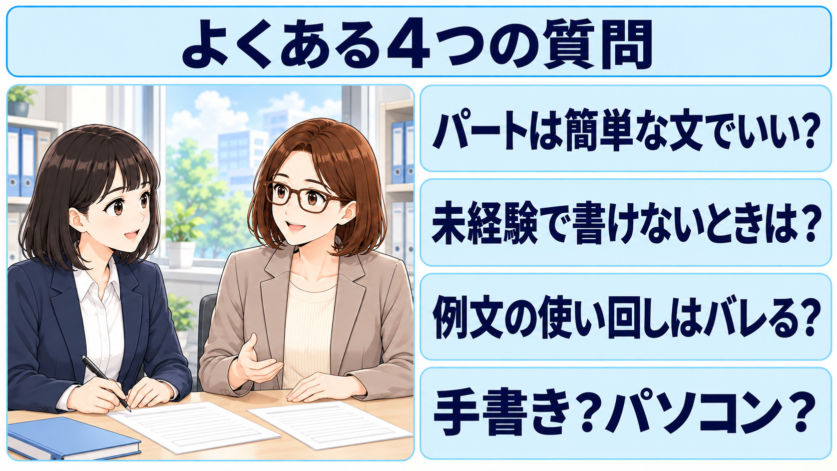 学校事務の志望動機の書き方について、4つの質問をまとめた図