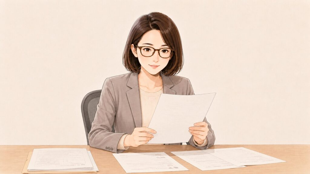 学校事務の志望動機を採用側のえりか主任が読んでいる場面のイラスト