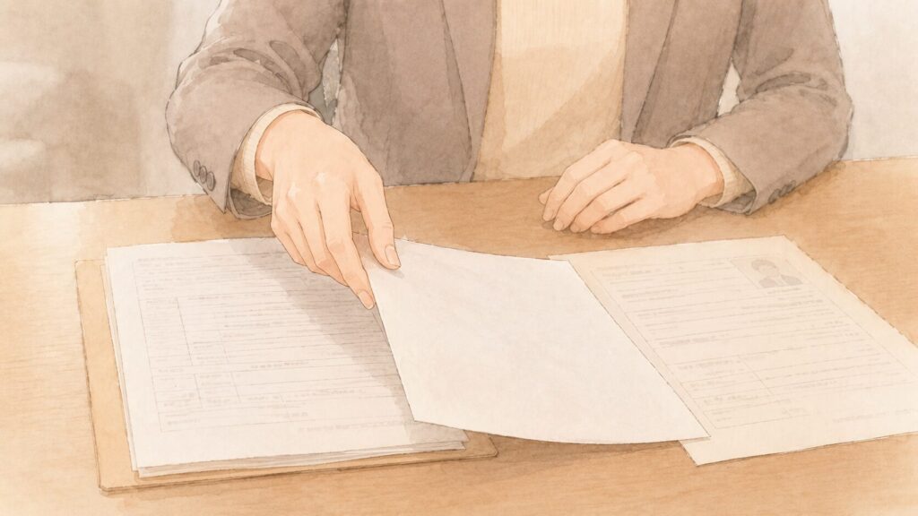 落ちるNG志望動機を、採用側が書類を置く手元で表すイラスト