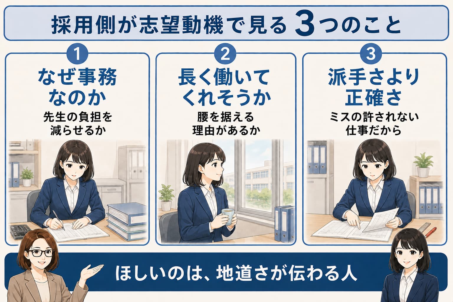 採用側が志望動機で見る3つのことを示す図解