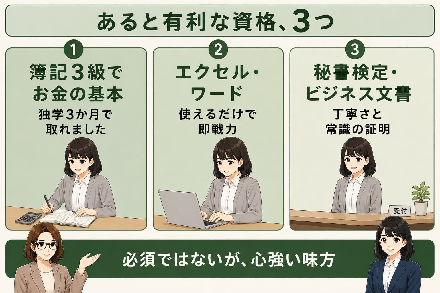 学校事務で有利になる資格3つを表した図解
