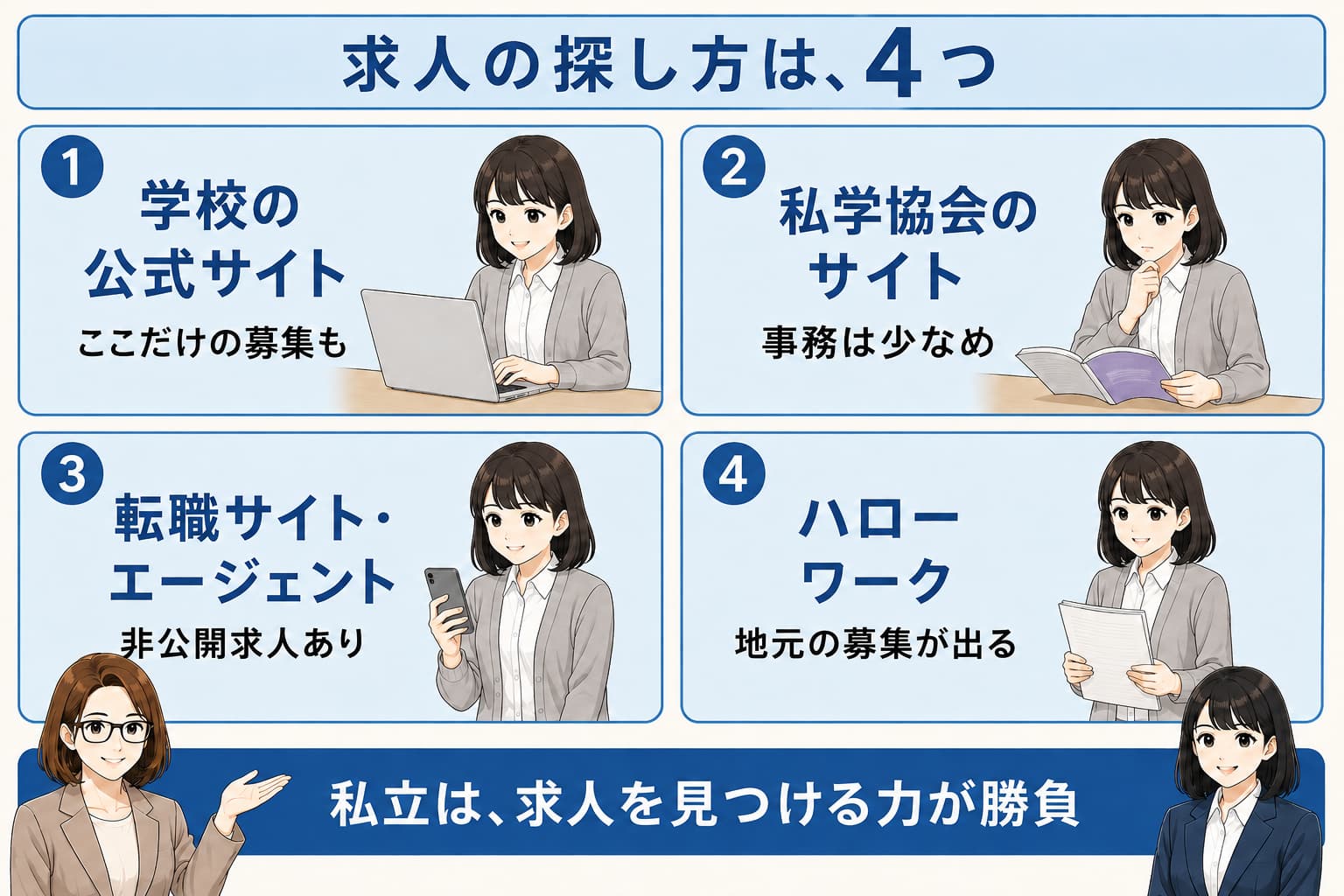 私立学校事務の求人の探し方4つを表した図解