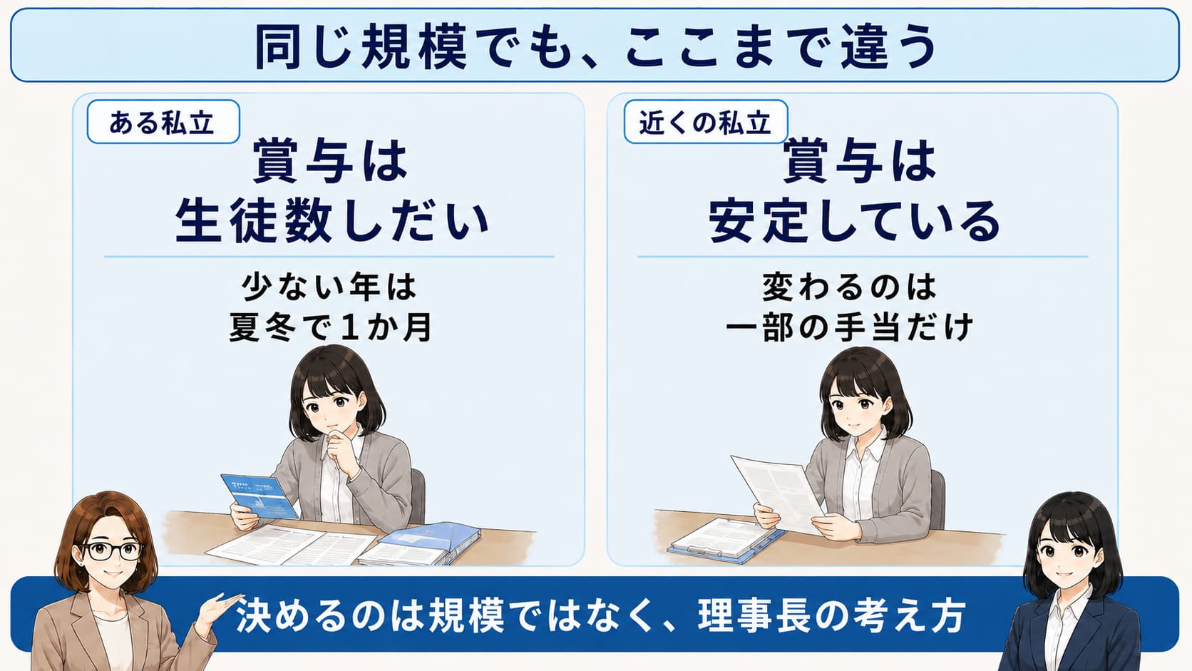同じ規模の私立でも賞与の決まり方が学校によって大きく違うことを左右で対比した図
