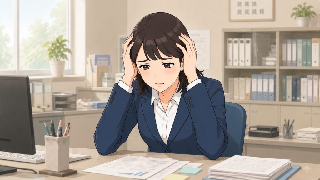 学校事務の理不尽な場面に戸惑い、頭を抱える女性のイラスト