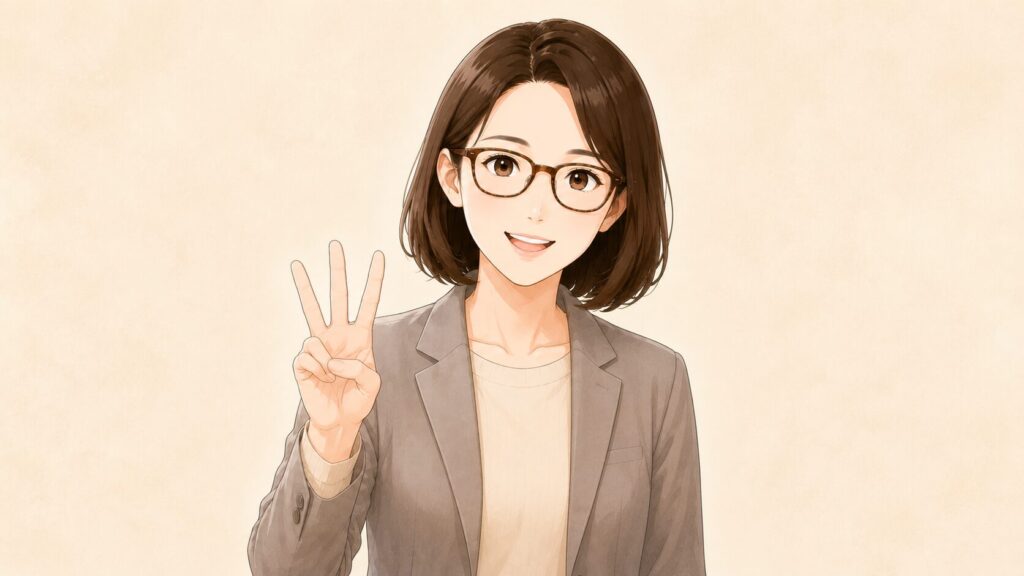 一般事務と比べて、学校事務が良かったことの3つを、3本の指で表しているイラスト