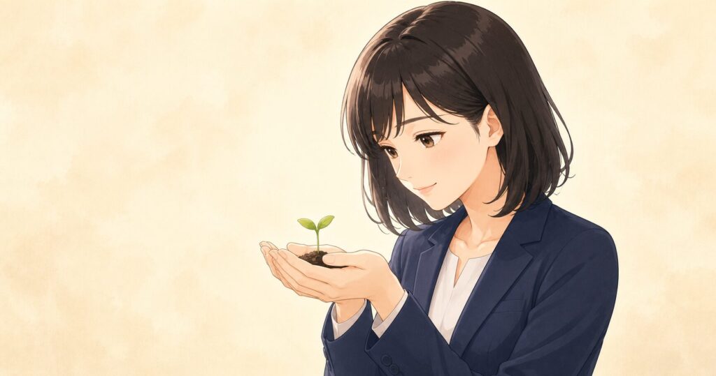 入職した頃の違和感が自分の強みになると気づき、前向きになった学校事務の女性のイラスト