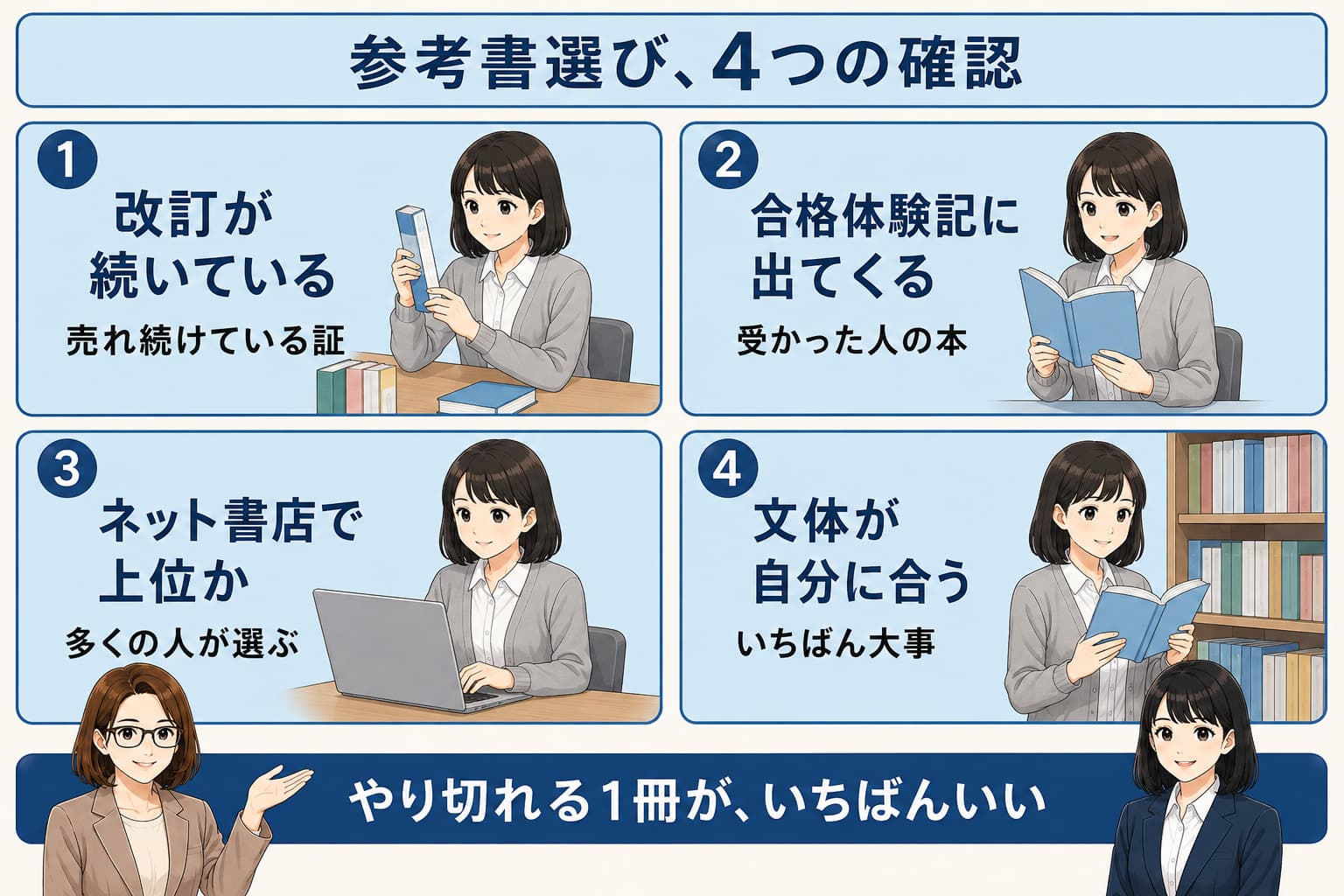 学校事務の筆記試験の参考書選び4つのチェックポイントを表した図解