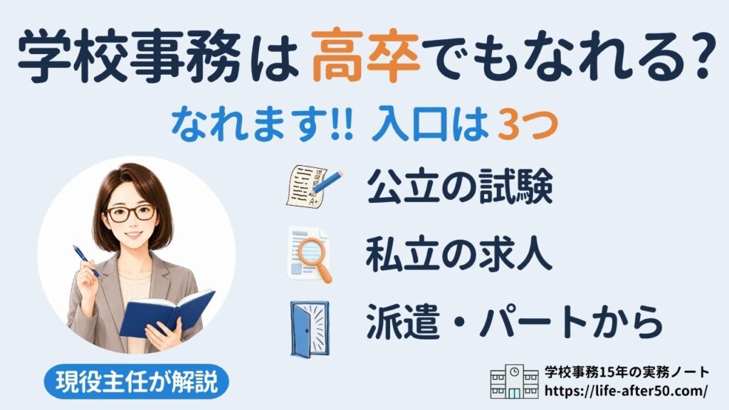 学校事務は高卒でもなれる？入口は3つ（公立の試験・私立の求人・派遣・パートから）を現役主任が解説する記事のアイキャッチ