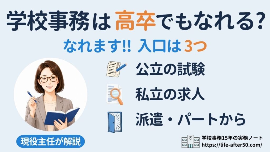 学校事務は高卒でもなれる？入口は3つ（公立の試験・私立の求人・派遣・パートから）を現役主任が解説する記事
