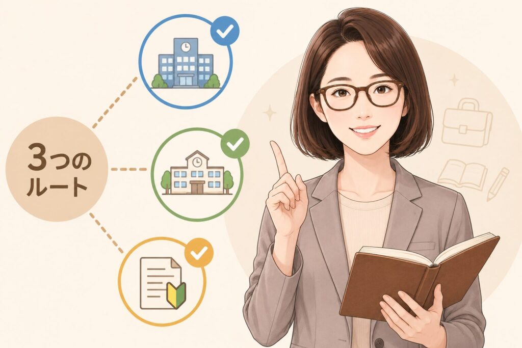 高卒から学校事務になる、3つのルートがあることを事務主任のえりかさんが教えているイラスト
