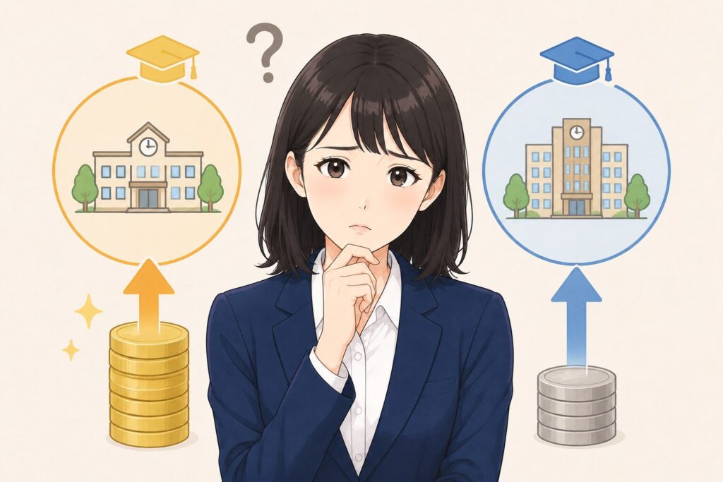 高卒と大卒で、給料はどれくらい違う？と新人のあかりさんが分からなくなっているイラスト