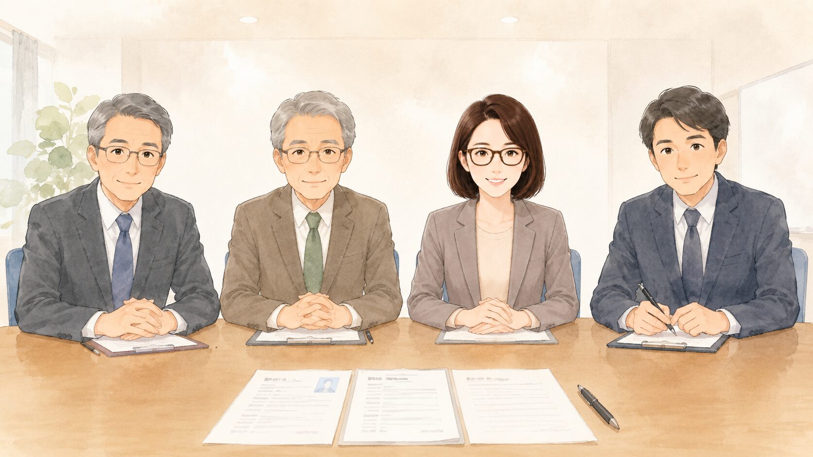 学校事務の面接に理事長・校長・事務長・事務主任が並ぶ場面のイラスト
