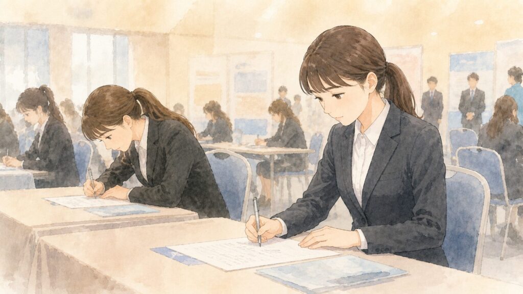 選考は面接室の外から始まることを、説明会で書類を記入する姿勢の違いで表すイラスト