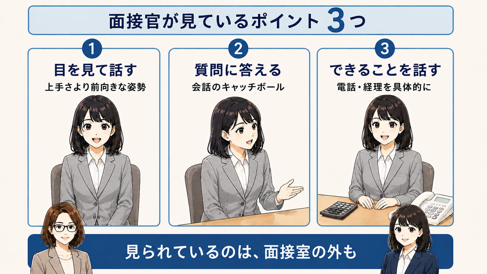 面接官が一番見ているポイント3つを示した図解