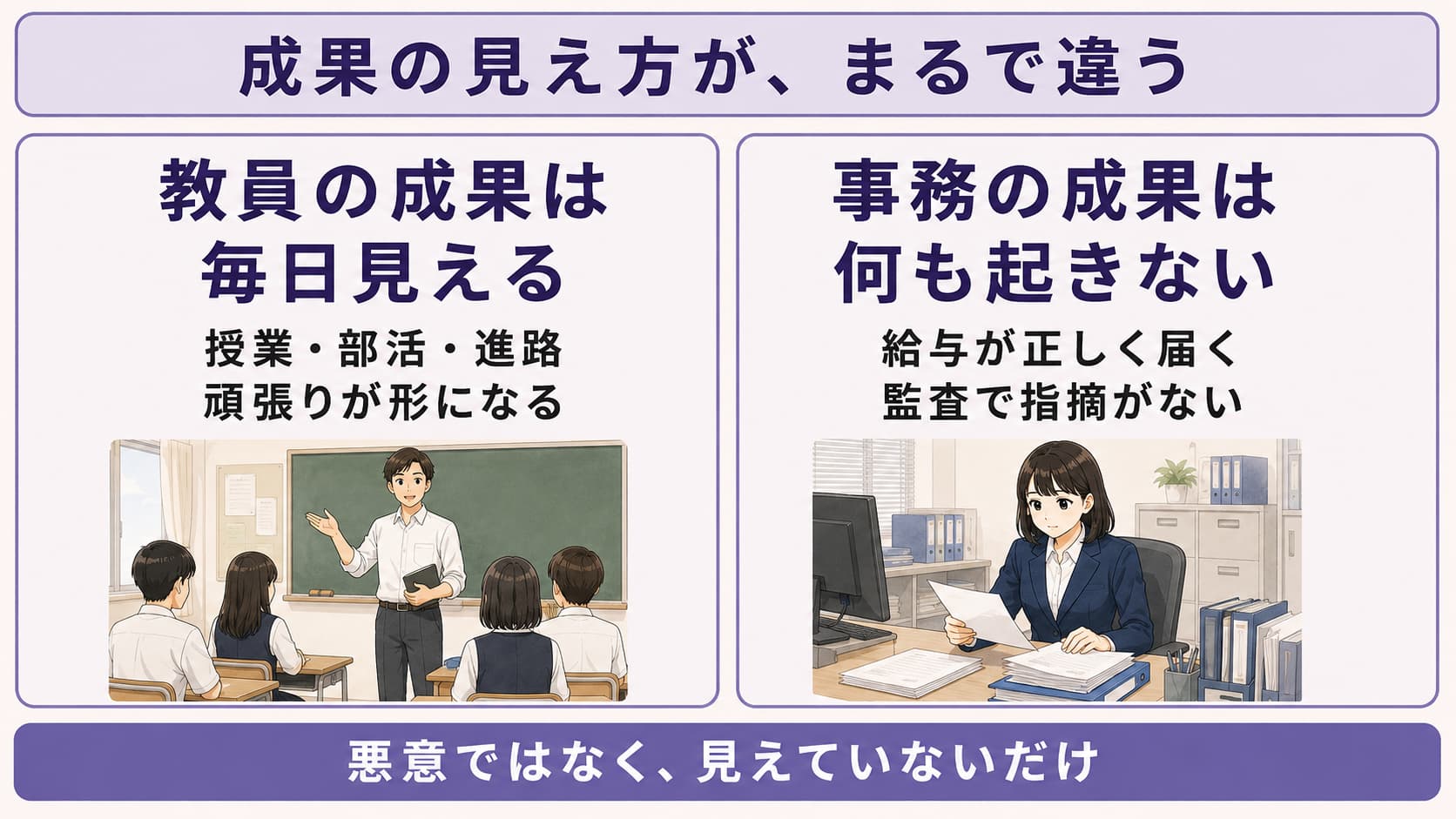 教員の成果は毎日見えるのに対し、事務の成果は「何も起きないこと」である違いを左右で対比した図