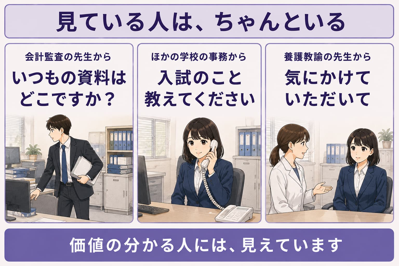 会計監査の先生・ほかの学校の事務・養護教諭から実際にかけられた言葉を3枚のカードで示した図