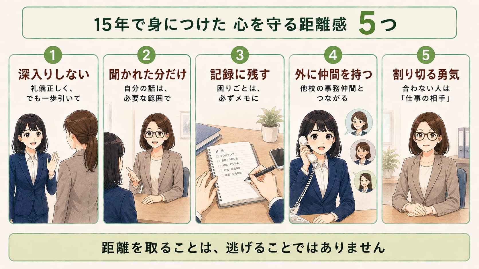 事務の人間関係がしんどくなった時、心を守る5つの距離感を表した図解