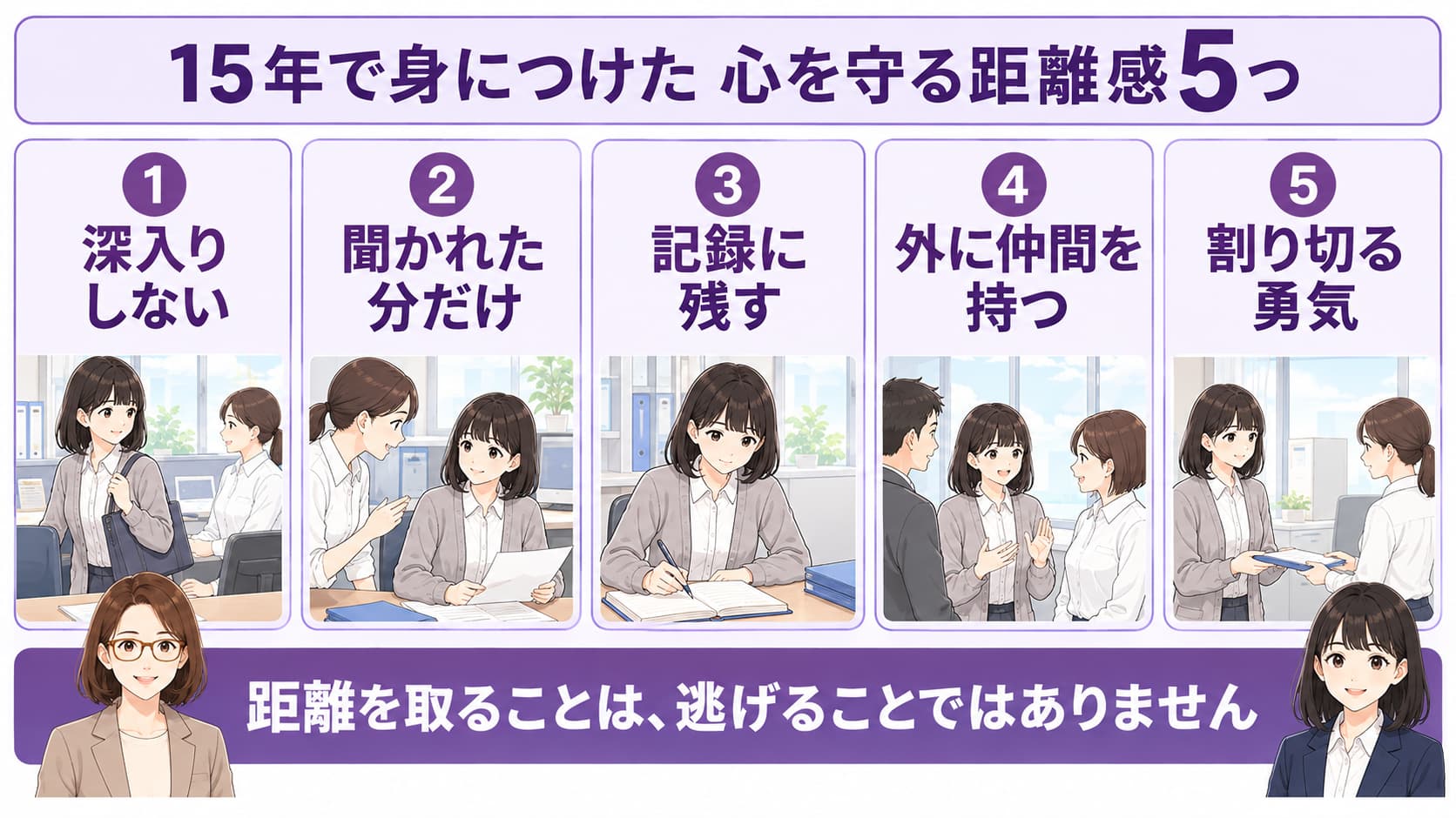 事務の人間関係がしんどくなった時、心を守る5つの距離感を表した図解