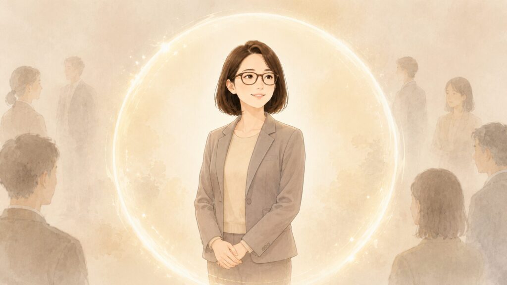職場の人間関係から心を守る境界線を、やわらかい光の円で表すイラスト

