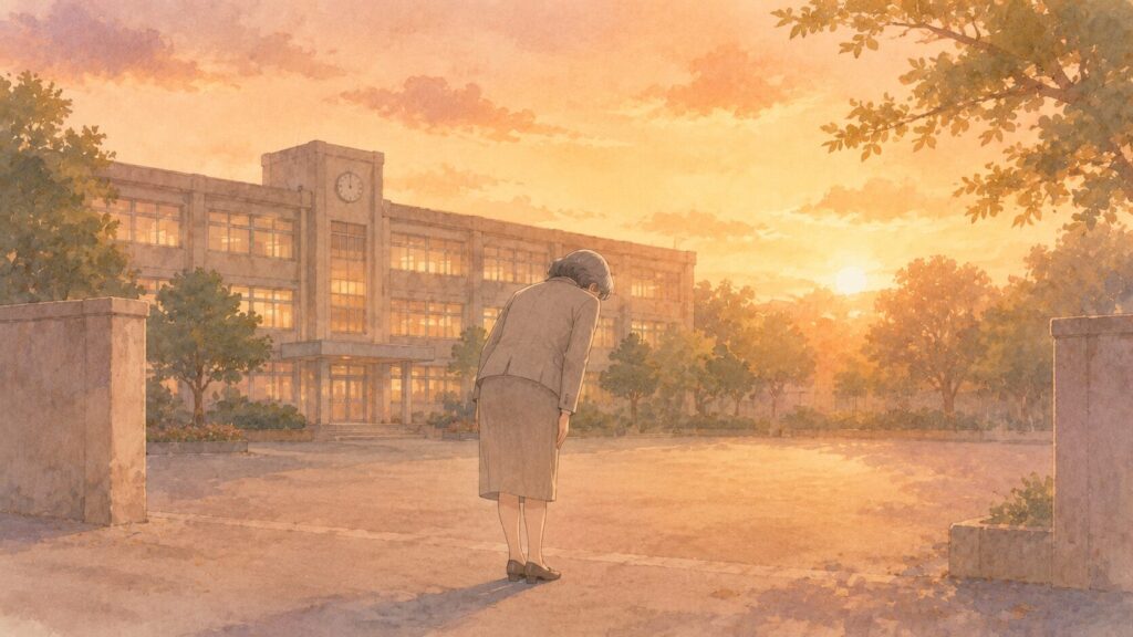 長く勤めた学校事務職員の最後の挨拶を表すイラスト