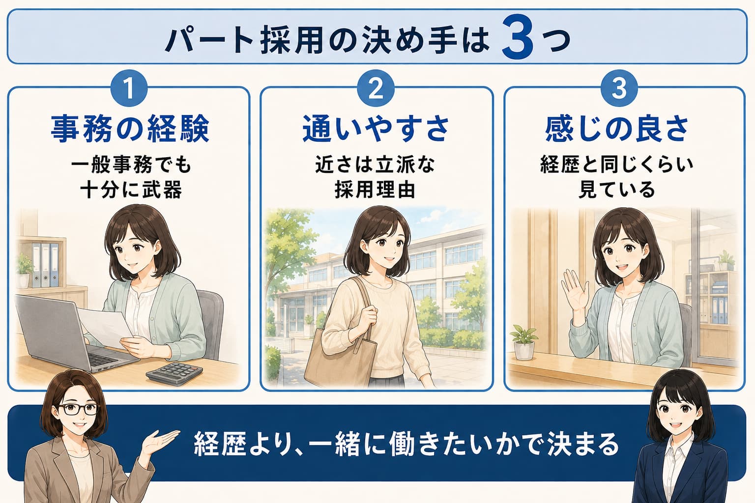 パート採用の決め手の3つを示す図解