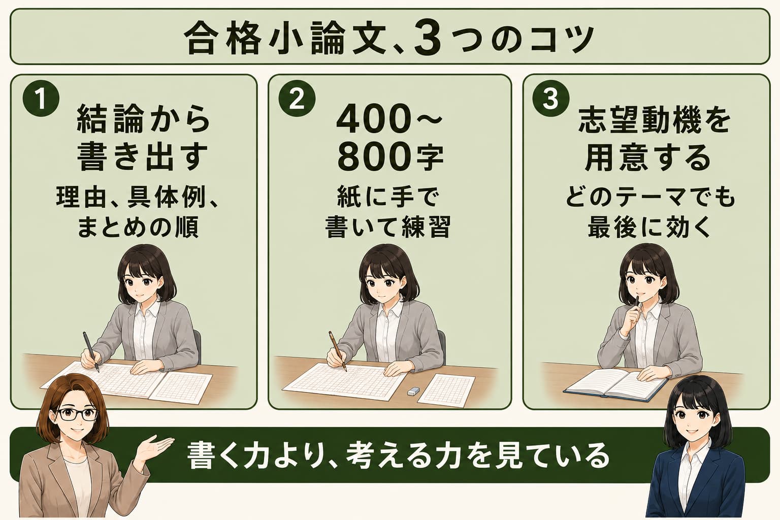 合格小論文の書き方3つのコツを表した図解