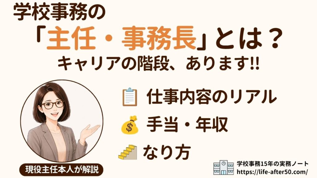 学校事務の主任・事務長とは？仕事内容・手当・なり方を現役主任が解説する記事のアイキャッチ