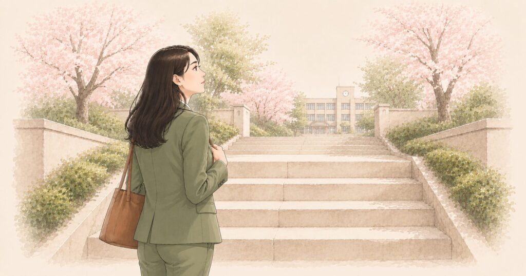 学校事務の役職の3段を登り始めようとしている女性。