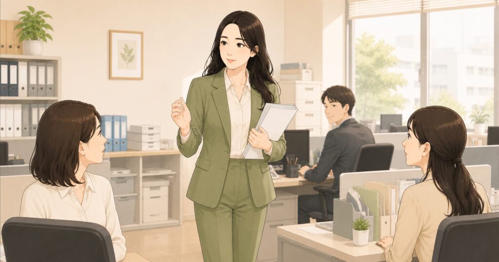 事務室でメンバーに声をかけながら回る事務主任の女性のイラスト
