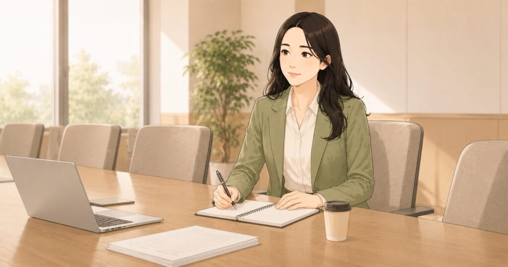理事会の前に会議室で議事の準備をする学校事務の女性のイラスト