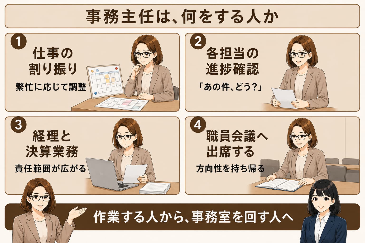事務主任が毎日やっている主な仕事を表した図解
