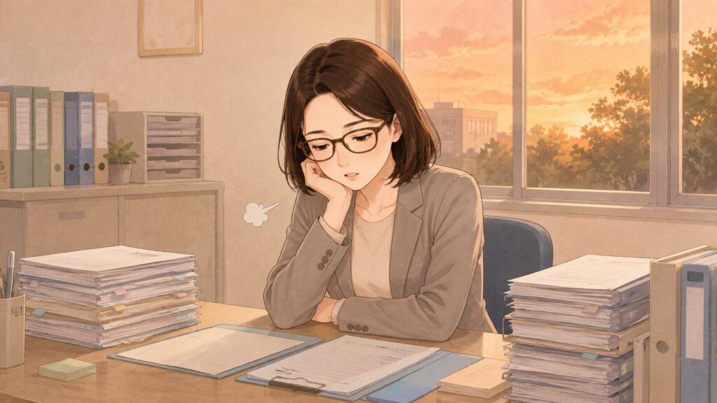 学校事務を辞めたいと感じる疲れを、夕方の事務室のため息で表すイラスト