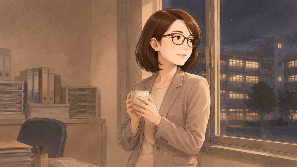 辞めたい時期を乗り越えた事務主任の回想を表すイラスト