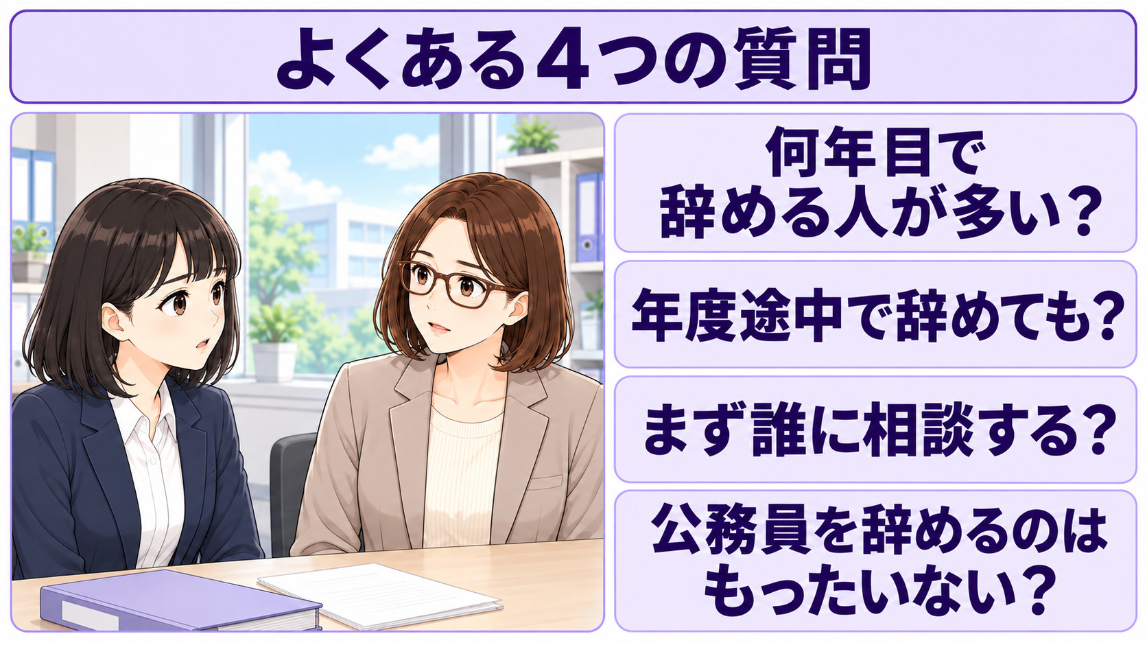 学校事務の退職時期・相談先・辞める判断について、4つの質問をまとめた図