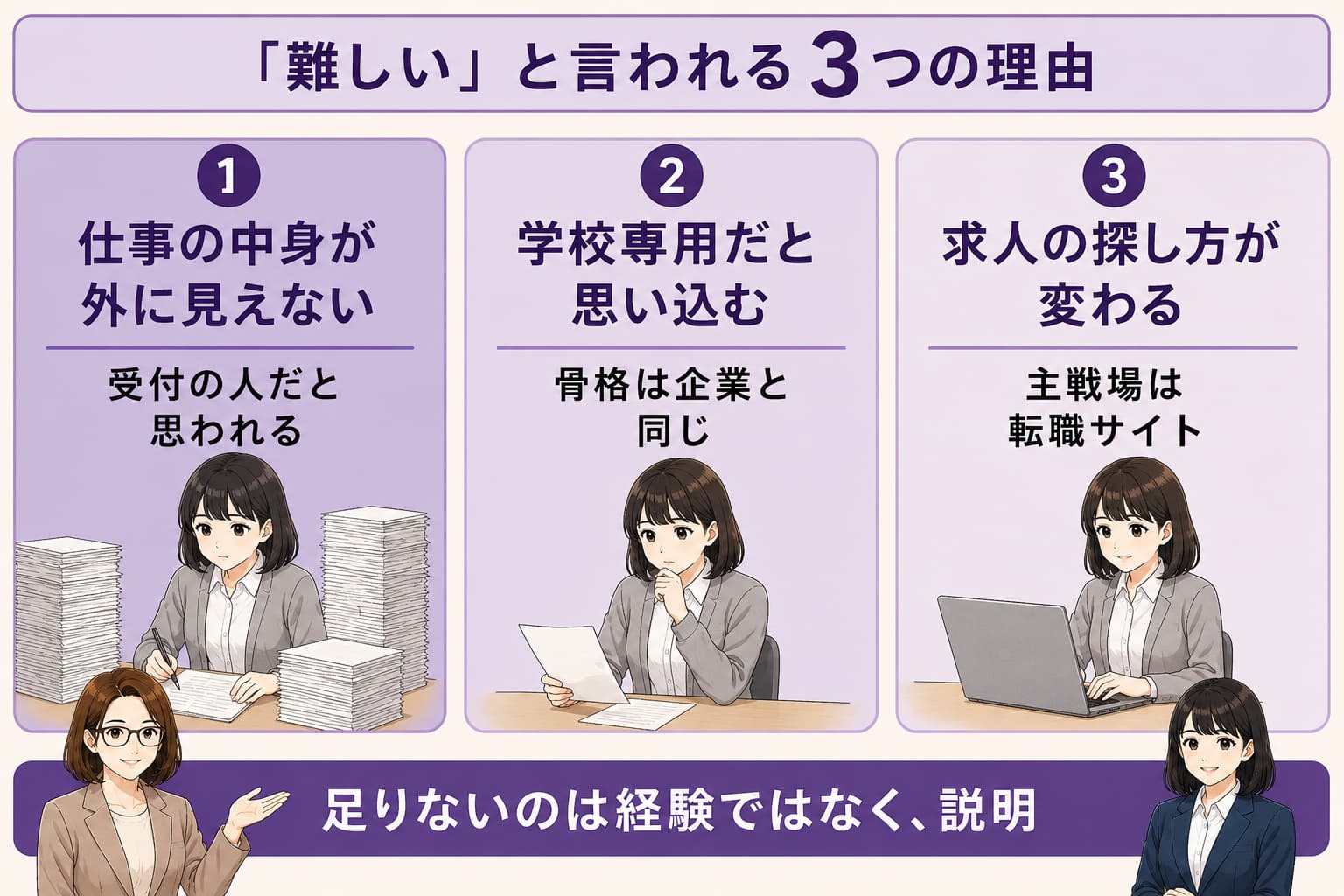 学校事務からの転職が難しいと言われる3つの理由を表した図解