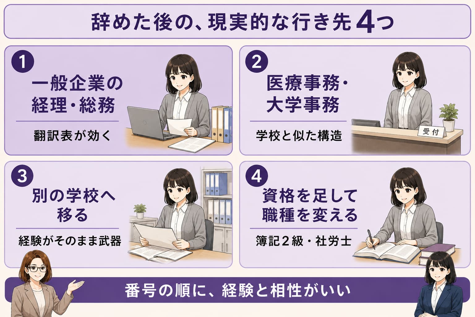 学校事務を辞めた後の現実的な行き先4つを表した図解