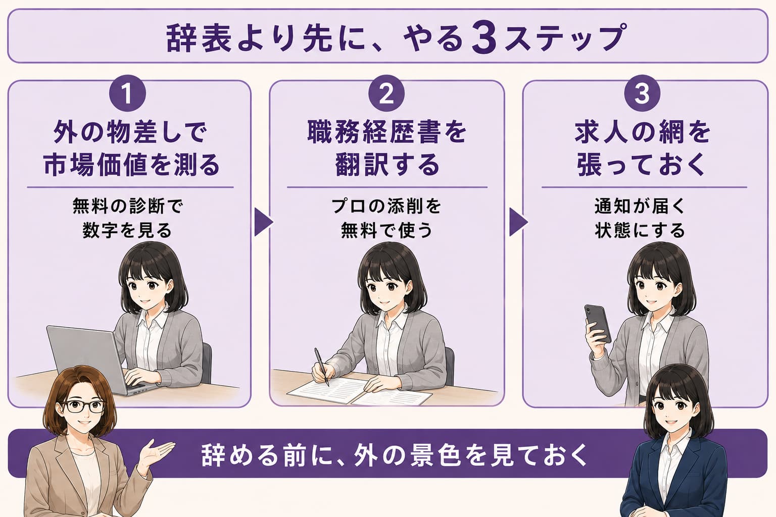 学校事務を辞める前に在職中にやる3ステップを表した図解