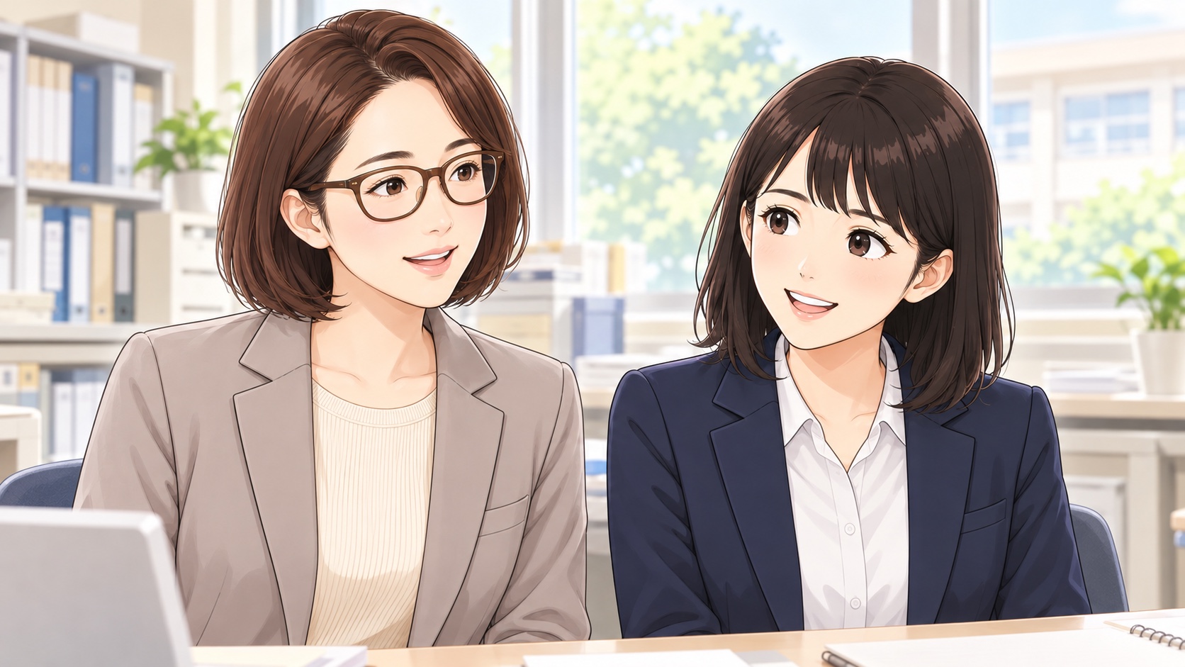 明るい学校の事務室で、えりか主任と新人あかりが会話しているイラスト
