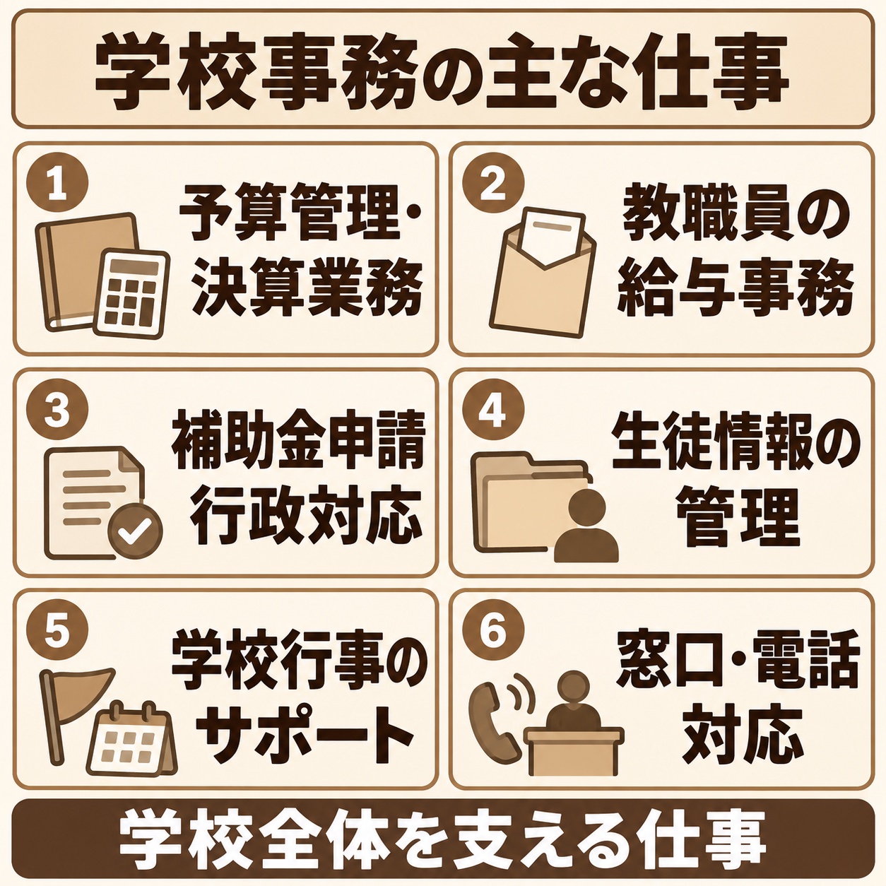学校事務の主な仕事として、予算管理・決算、教職員の給与事務、補助金申請・行政対応、生徒情報の管理、学校行事のサポート、窓口・電話対応の6業務を示した図